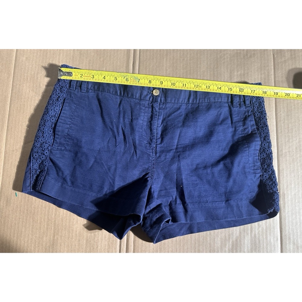 Tory‎ Burch Shorts Navy Blue Eyelet Lace Trim Chino Gold Logo Button Size 8